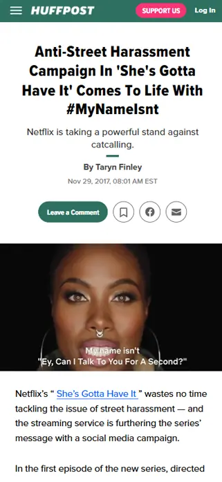HuffPost article screenshot showing a headline about the 'My Name Isn't' campaign for She’s Gotta Have It, with a centered portrait of a Black woman beneath the site header and navigation.
