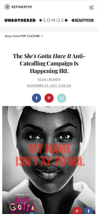 Desktop screenshot of a Refinery29 article showing a black-and-white close-up portrait with bold red hand-painted typography reading 'MY NAME ISN'T' over the face, plus site header and share icons.