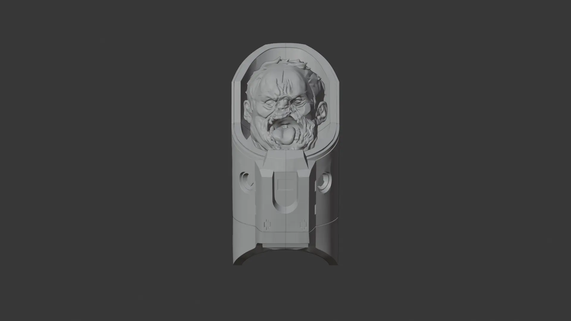 Grayscale 3D render of a battered, partially deformed human head set inside a cylindrical mechanical capsule, centered on a dark background with visible sculpting detail.