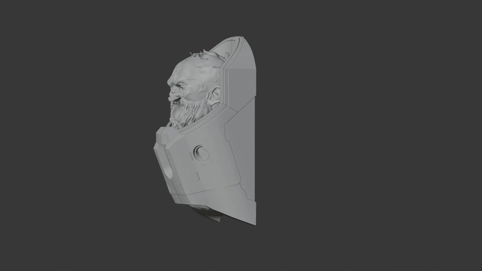 Grayscale 3D model showing a bearded, battle-scarred head and upper torso encased in a vertical, armored pod against a dark gray background.