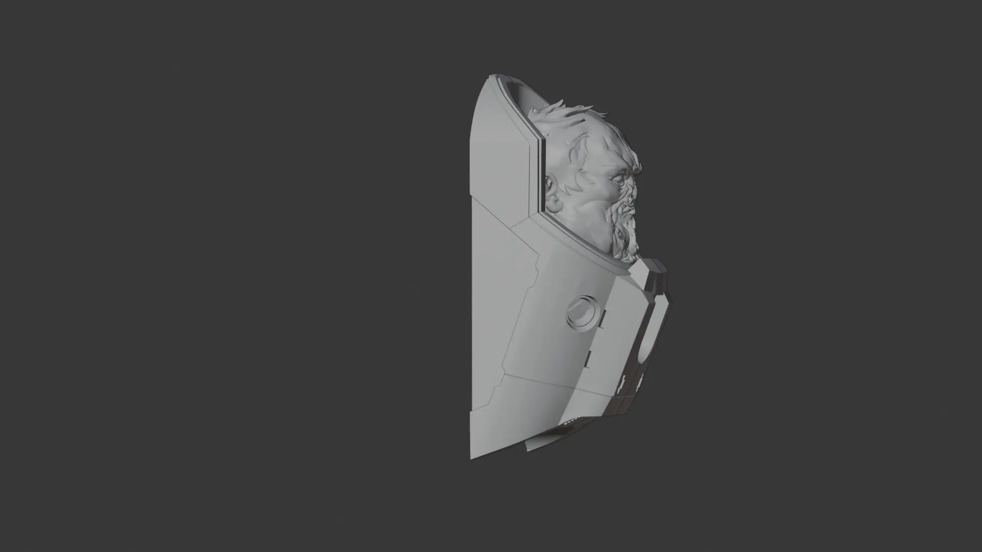 Grayscale side-view 3D render of a bearded, battle-scarred head set inside a high-collared armored neck piece, shown against a dark neutral background.