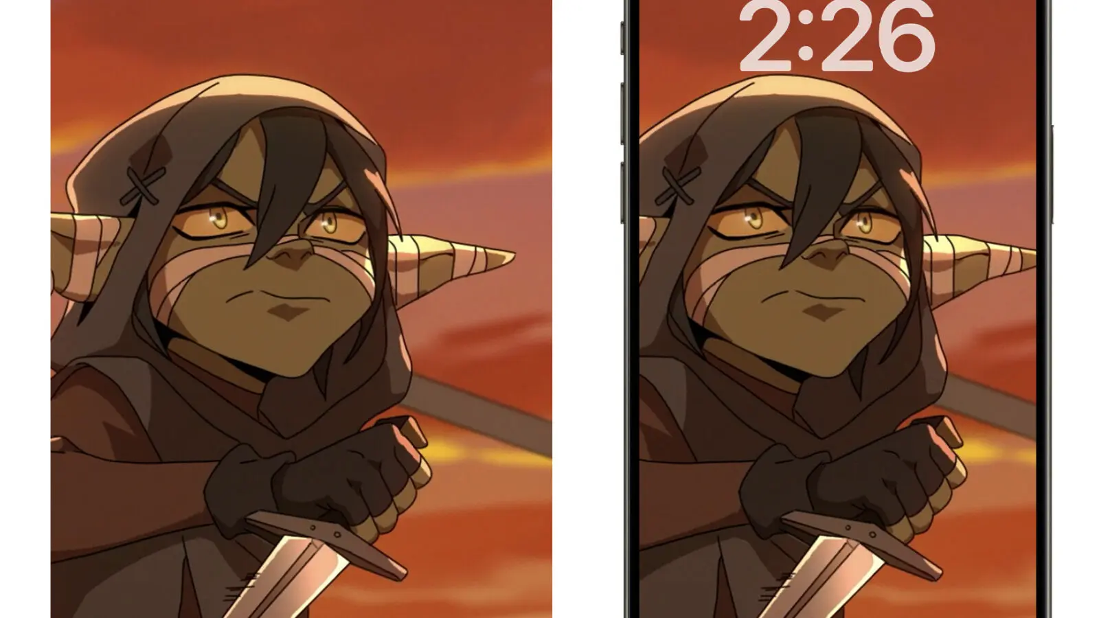 Hooded, small humanoid wearing face markings grips a dagger against a fiery orange sunset, framed vertically for a phone wallpaper with the character's eyes and hands centered.