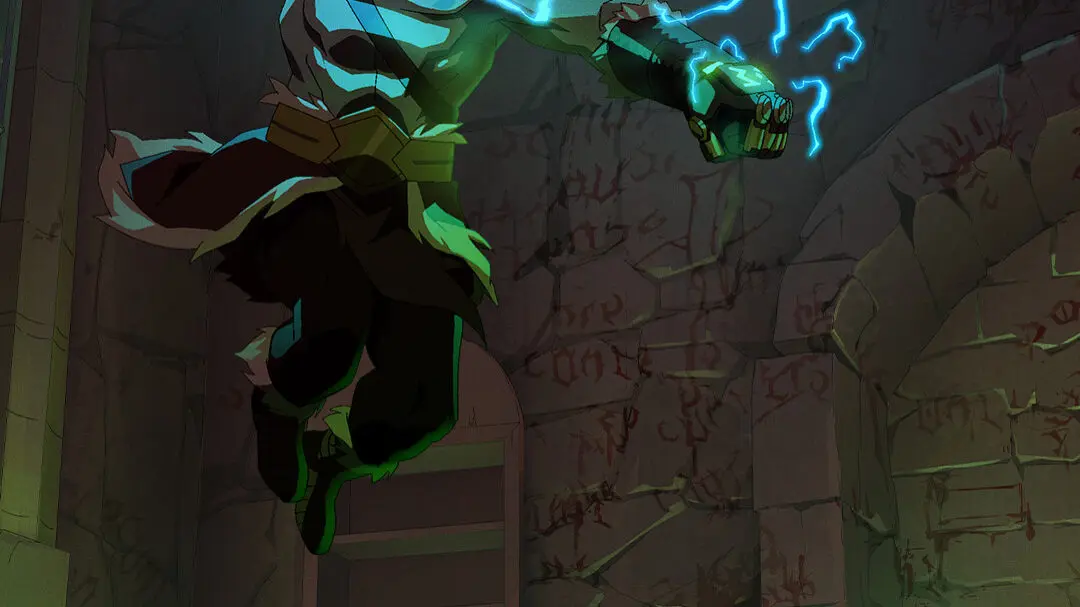 Muscular warrior character suspended midair in a rune-carved stone chamber, blue electricity arcing from metal gauntlets while a sickly green mist pools on the floor below.