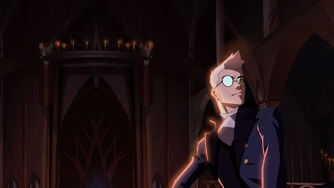 Percy stands in a dim vaulted hall, backlit by cool blue light from a tall doorway and rim-lit as he looks over his shoulder while holding a long-barreled firearm.