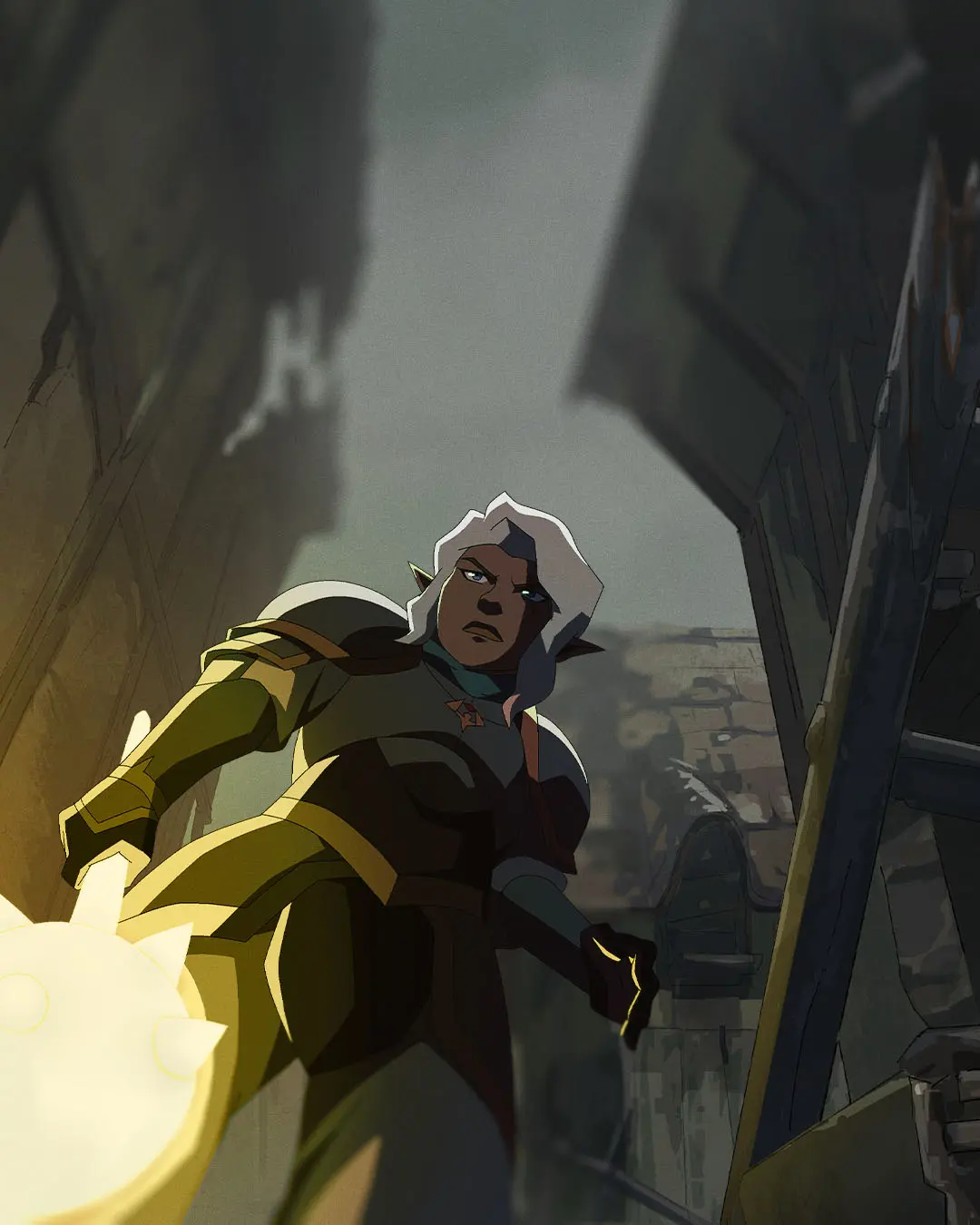 Low-angle shot of Pike in armor holding a glowing morning star, standing in a narrow ruined alley with rooftops and a ladder visible, warm light illuminating her face and armor.