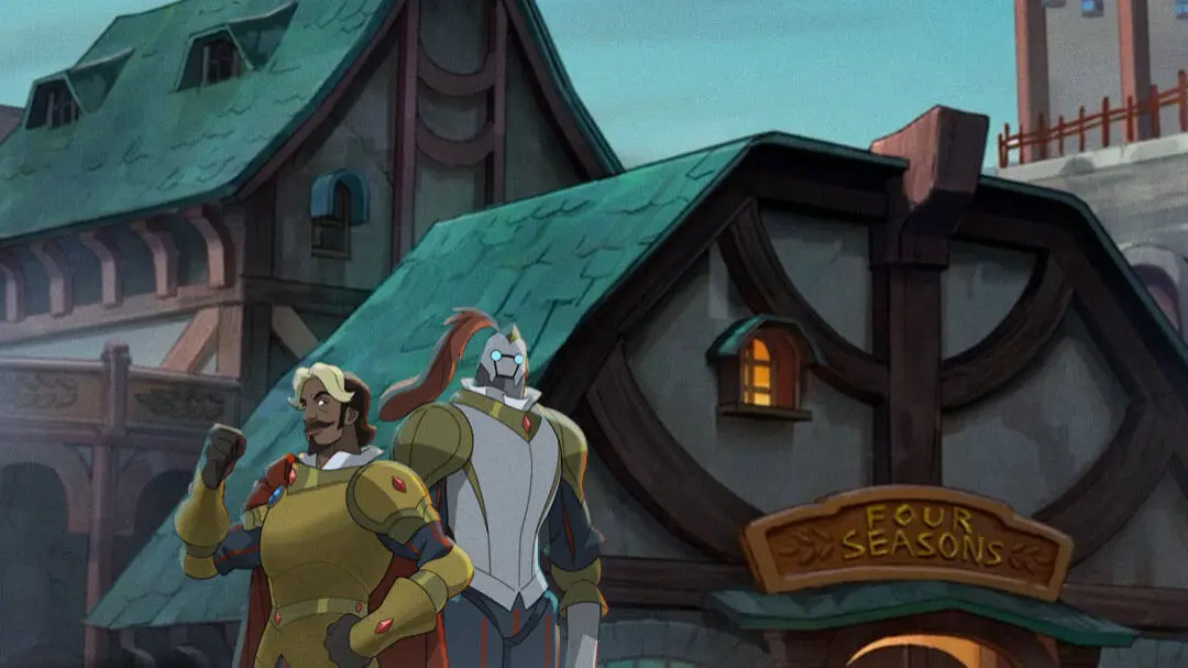 Two armored figures—a smiling man in gold armor and a taller helmeted automaton—stand in a foggy cobblestone square outside a building marked “Four Seasons” with hanging lanterns overhead.
