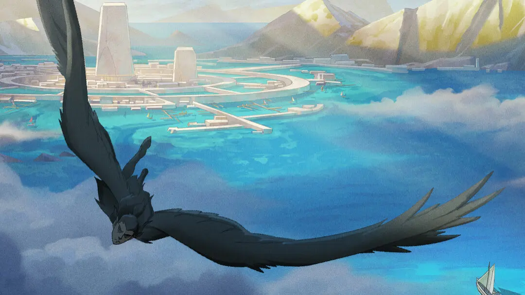 A dark, long-winged silhouette soars above cloud cover toward a circular coastal city with two tall towers, turquoise water, sunlit mountains, and a small sailboat below.