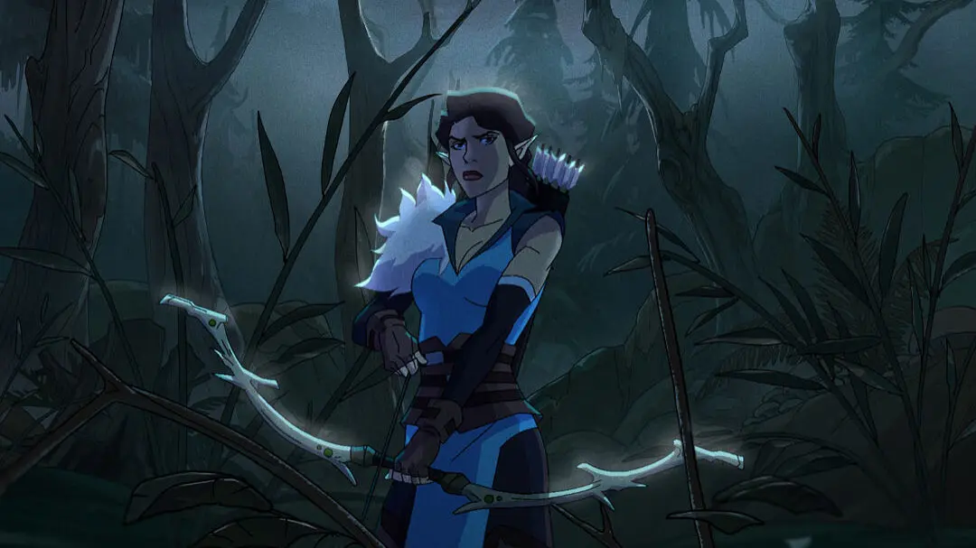 Vex’ahlia stands waist-deep in dark marsh water under a full moon, drawing a glowing longbow while dead trees and reeds frame the misty nighttime forest.