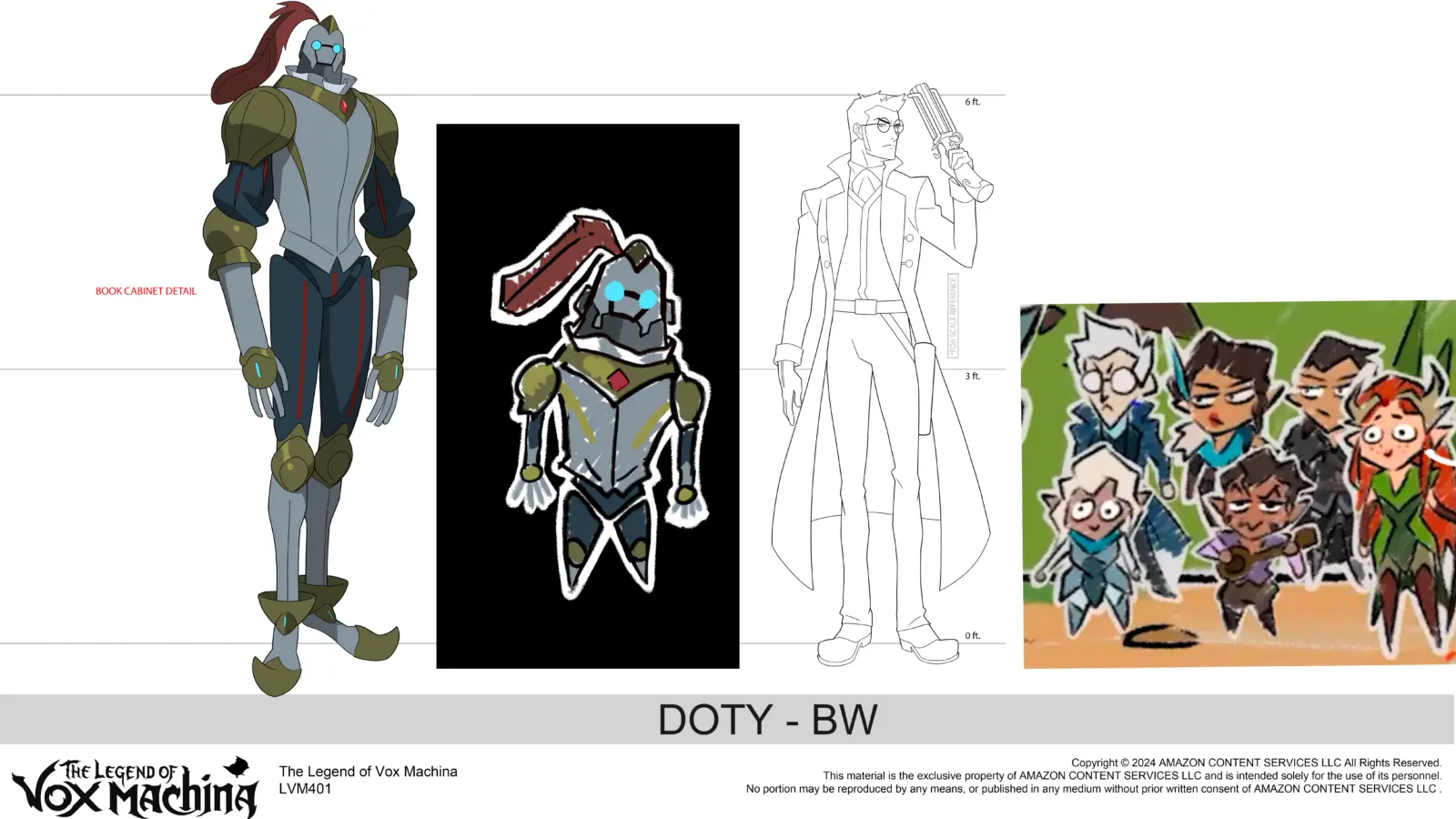 Full-color character turnaround of a tall armored automaton with glowing cyan eyes and a red topknot, accompanied by a sticker-style sketch, a human-scale line drawing, and a small chibi party roster.