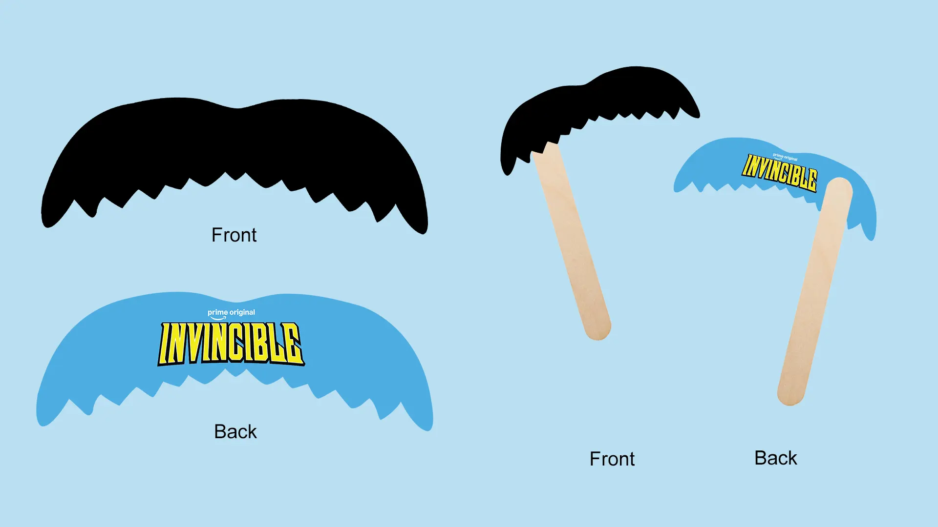 Production mockup for an Invincible-themed handheld mustache prop, showing a black front and a blue logo-branded back on wooden sticks.