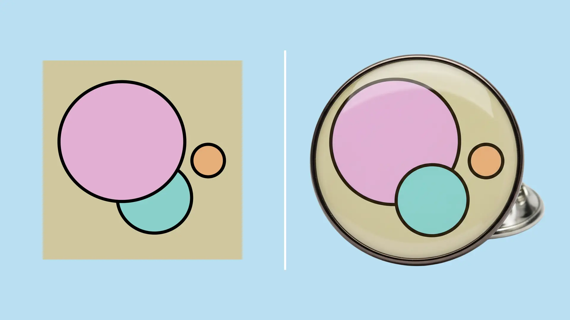 Side-by-side artwork and product render of a round metal pin featuring three overlapping pastel circles outlined in black.