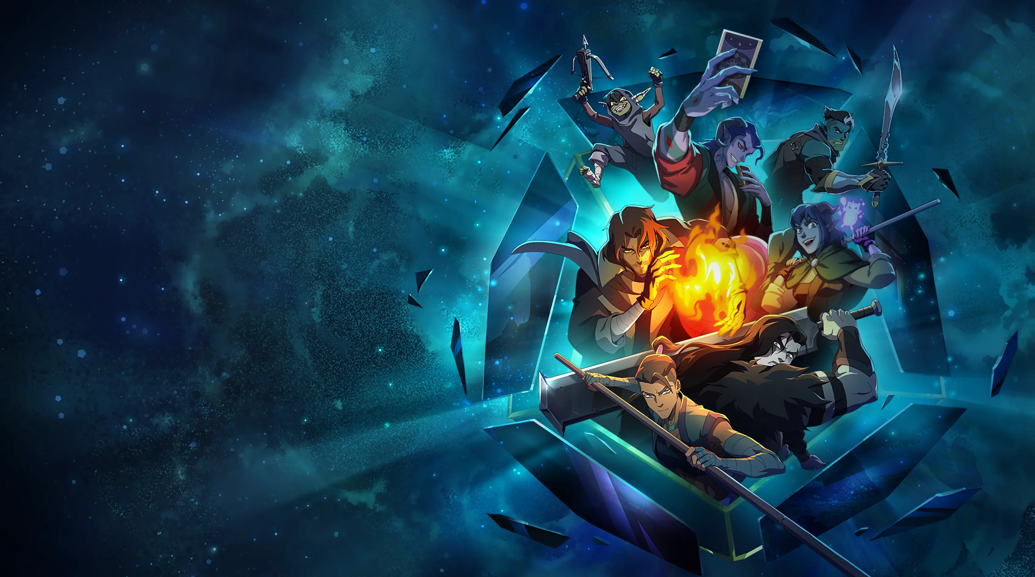 A teal-and-indigo illustration of the Mighty Nein ensemble bursting from a shattered glowing crystal Beacon set against a starry, nebulous background, with characters posed ready for action.
