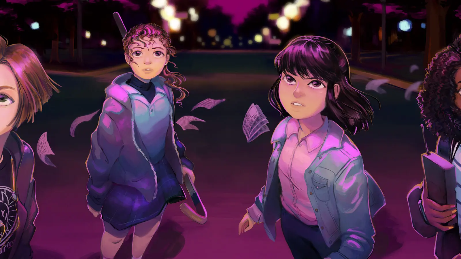 Four young newspaper delivery girls stand under purple-pink streetlight glow on a suburban road at night, newspapers fluttering around them as they look up with determined, surprised expressions.