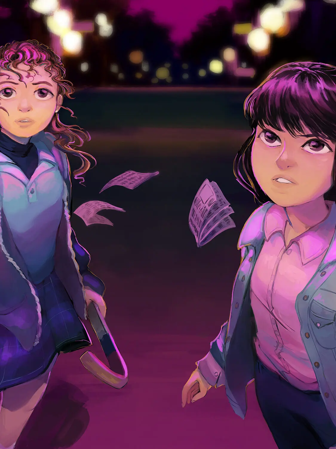 Four young newspaper delivery girls stand under purple-pink streetlight glow on a suburban road at night, newspapers fluttering around them as they look up with determined, surprised expressions.
