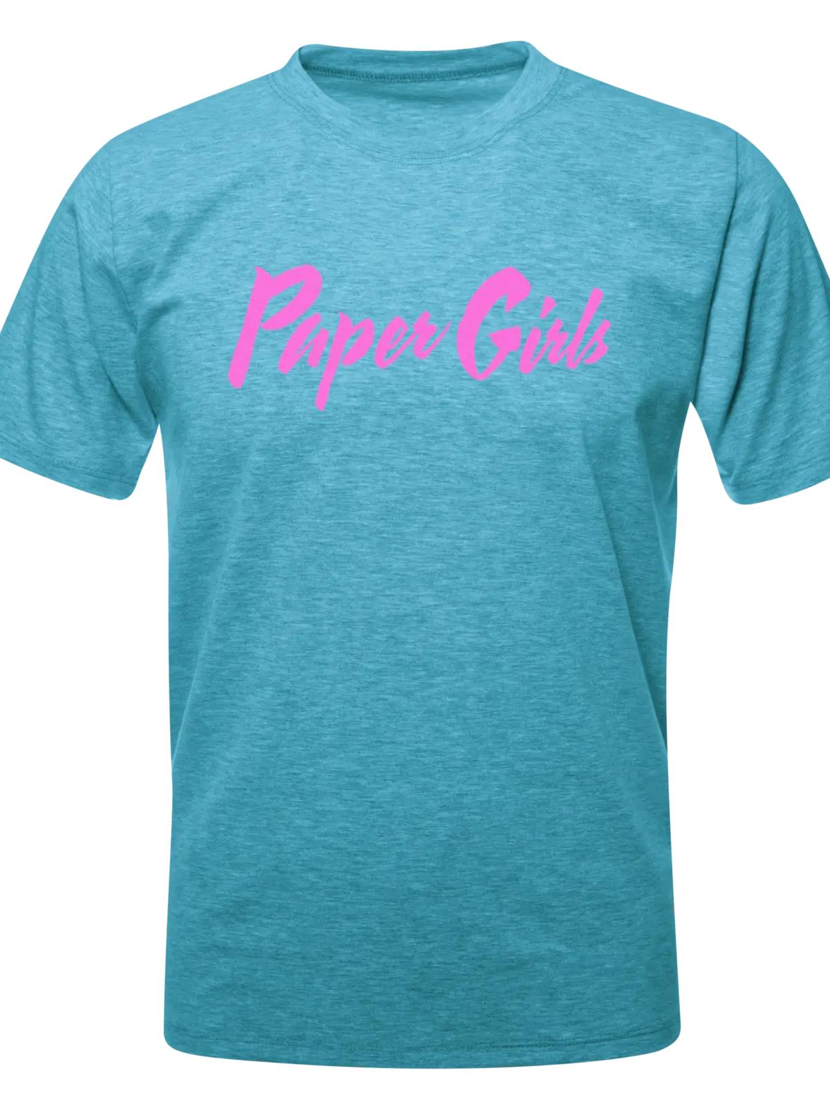 Heather turquoise crewneck T-shirt shown flat with a centered bright pink brush-script 'Paper Girls' logo across the chest, subtle fabric texture visible and sleeves slightly folded.