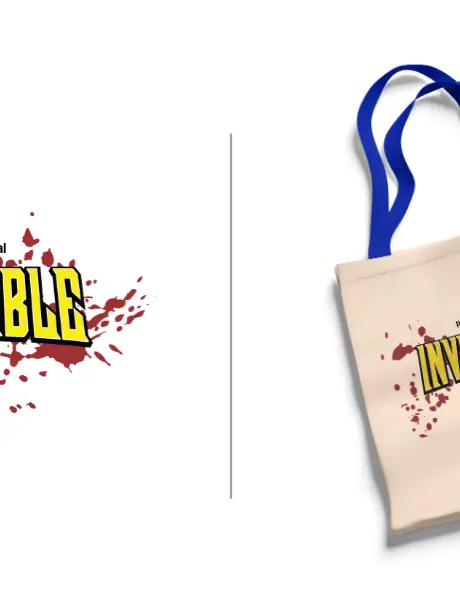 Left, the yellow-and-blue Invincible logo over a red blood-splatter; right, a beige canvas tote with blue handles showing the same blood-splattered logo on white background.