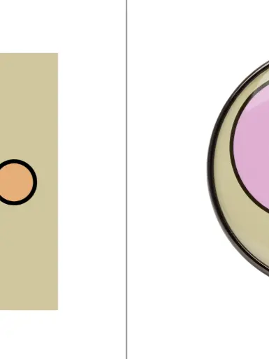 Square art with three overlapping circles—large pink, medium teal, small peach—outlined in black on a tan field, shown beside the same design rendered as a round metal pin.