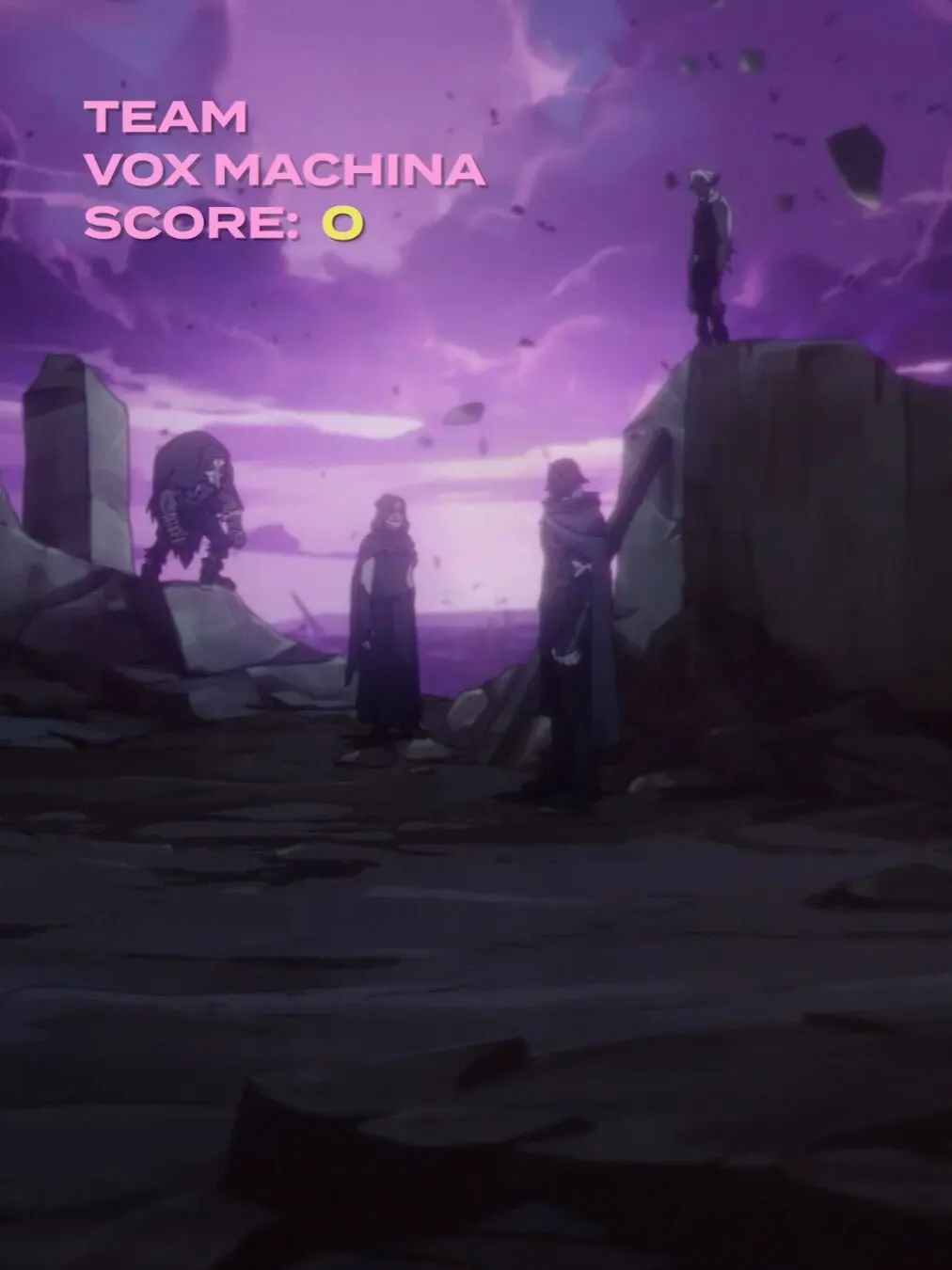Four silhouetted figures stand on rocky ground beneath a swirling purple sky while pink text in the upper left reads 'TEAM VOX MACHINA SCORE: 0' with a yellow zero.