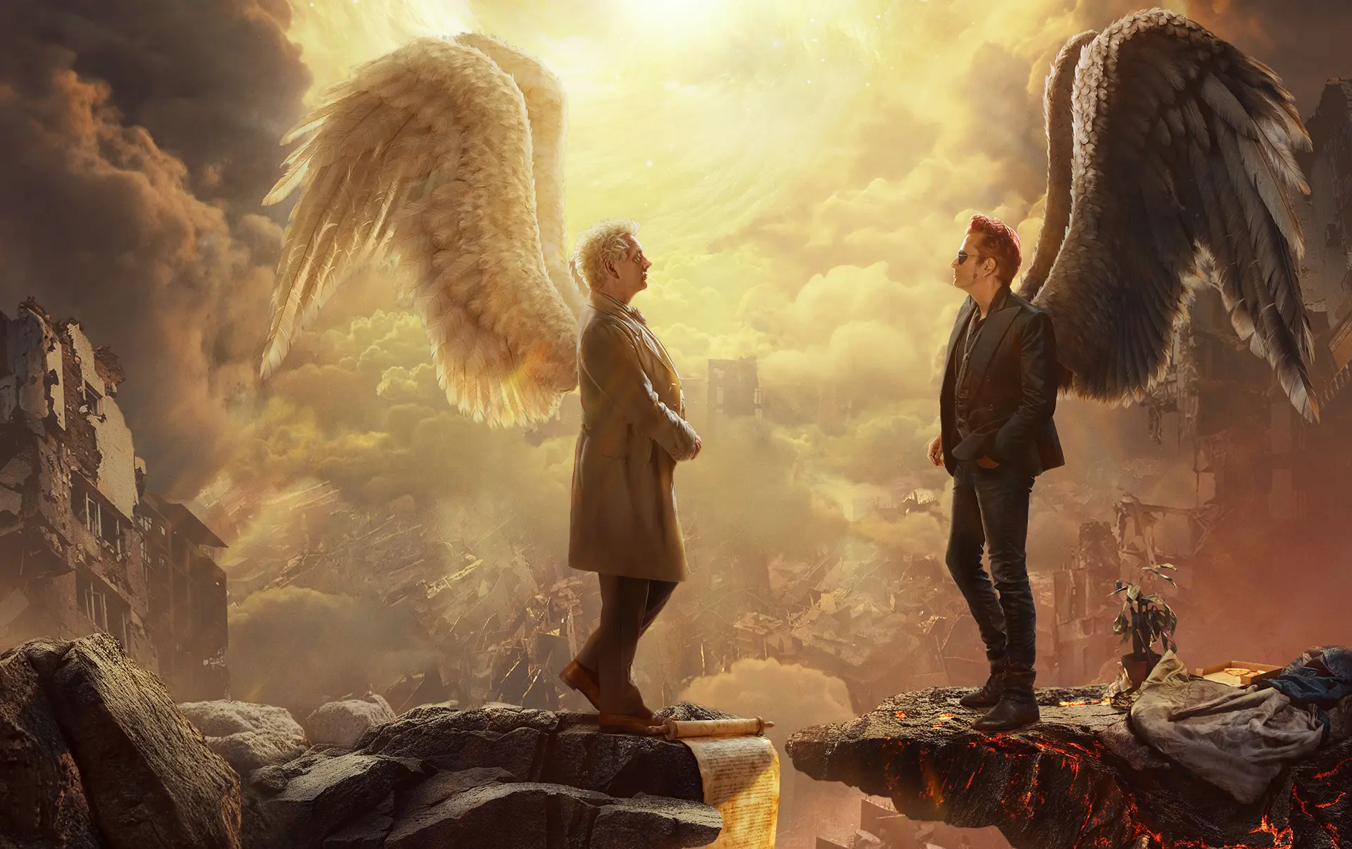 Angel Aziraphale and demon Crowley face each other on separate rocky ledges with wings spread, backlit by a swirling golden sky above ruined cityscape and floating debris.