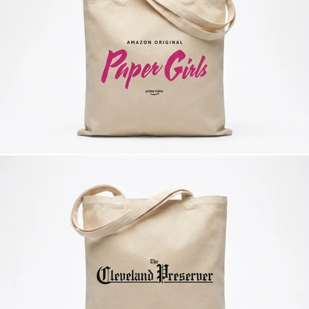 Natural canvas tote shown front and back: top face has a hot-pink hand-lettered 'Paper Girls' logo with Amazon Original and Prime Video mark; reverse shows black Gothic 'The Cleveland Preserver' masthead.