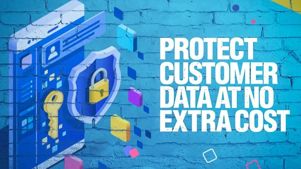 Blue brick mural-style graphic with an illustrated mobile device, shield padlock icon and bold white text reading 'PROTECT CUSTOMER DATA AT NO EXTRA COST,' with USAePay logo in corner.