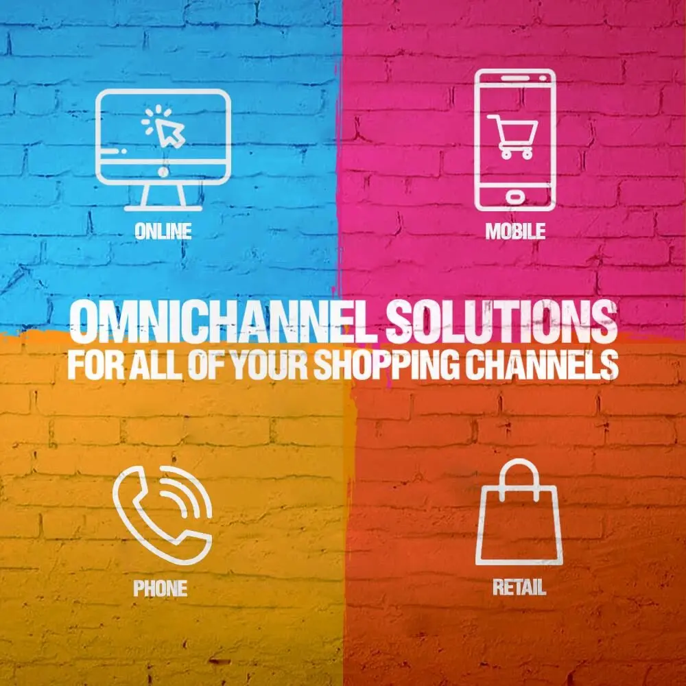 Brick wall divided into four bright color blocks with white icons labeled Online, Mobile, Phone, Retail and bold white text reading 'Omnichannel Solutions for All of Your Shopping Channels'.