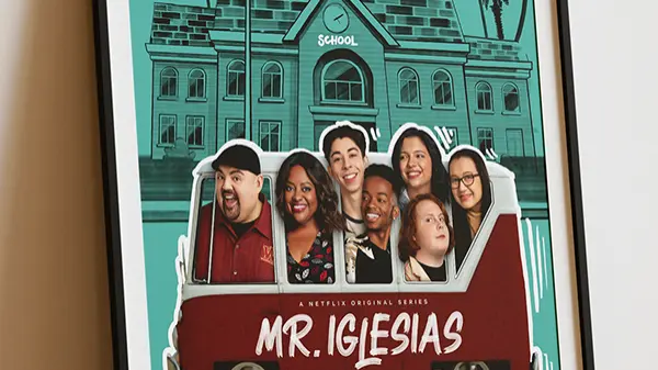Framed Mr. Iglesias Netflix key art featuring Gabriel Iglesias and his students riding in a red school bus beneath an illustrated high school.