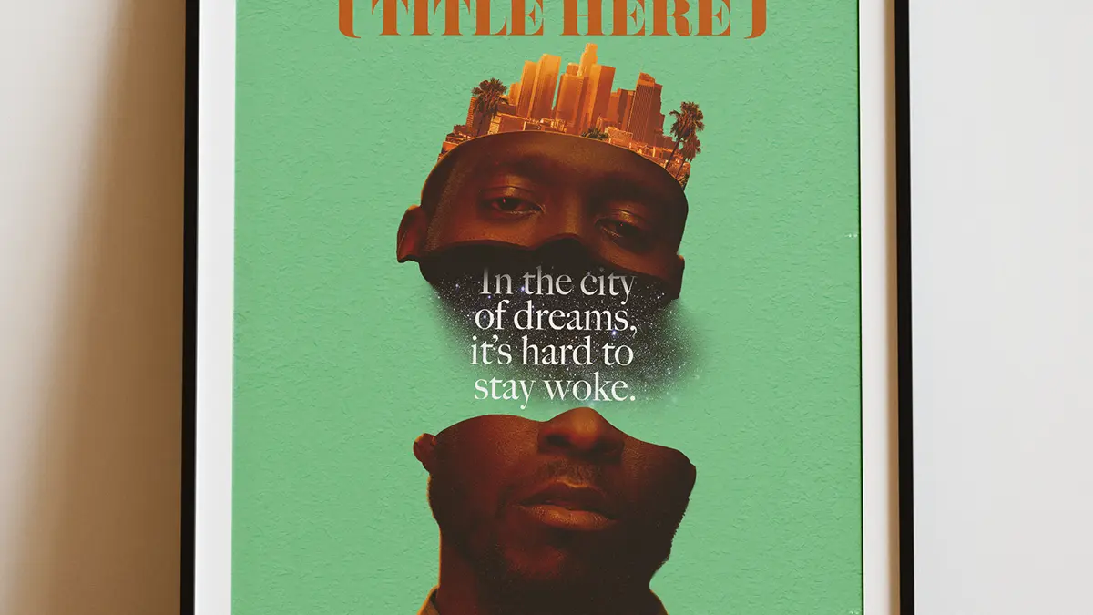 Framed poster for {BLACK title here} featuring Rufus Burns as James, his portrait split apart beneath a Los Angeles skyline against a mint-green background.