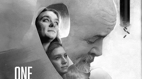 Black-and-white key art for One Minute Remaining, featuring an incarcerated man’s profile filled with portraits of his family, surrounded by prison bars, a handcuffed wrist, and a telephone cord.