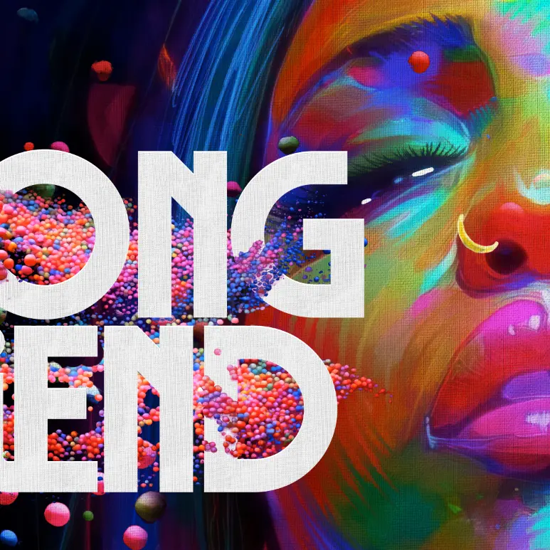 Promotional artwork for Strong Friend featuring Brittney Pettus as Randi in a vibrant, multicolored portrait beside oversized white typography and a wave of colorful spheres.