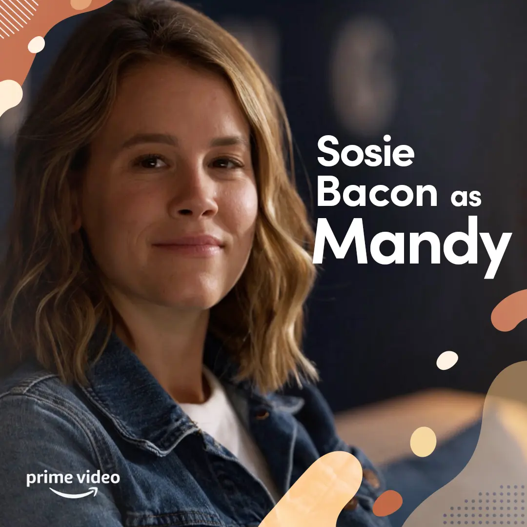 Tight three-quarter portrait of Sosie Bacon as Mandy, smiling softly in warm, low-contrast light while wearing a denim jacket; large white name typography appears at right and a Prime Video logo sits lower left.