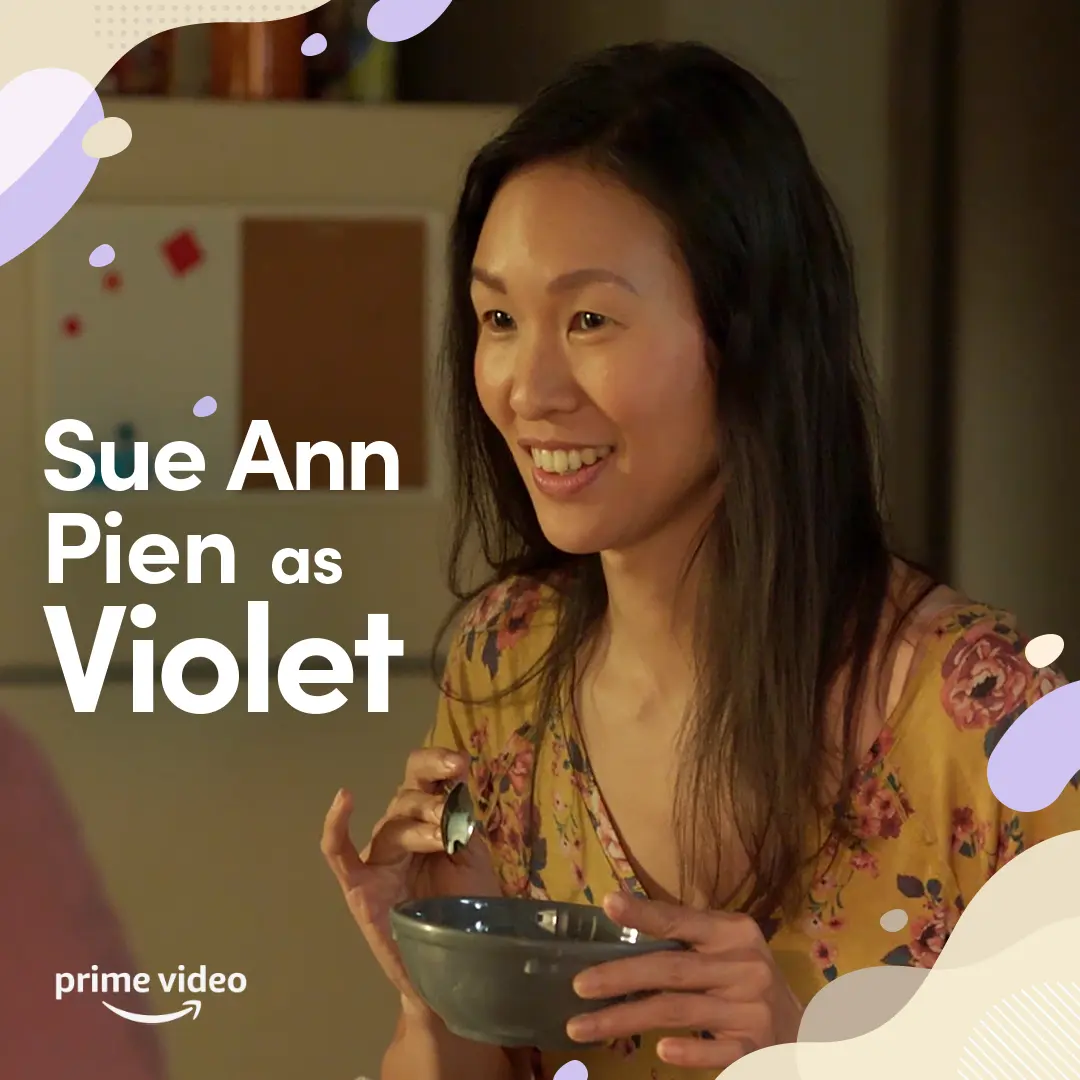 Warm close-up of Violet smiling while holding a bowl and spoon, with bold white title text on the left and soft lilac and cream decorative shapes framing the corners.