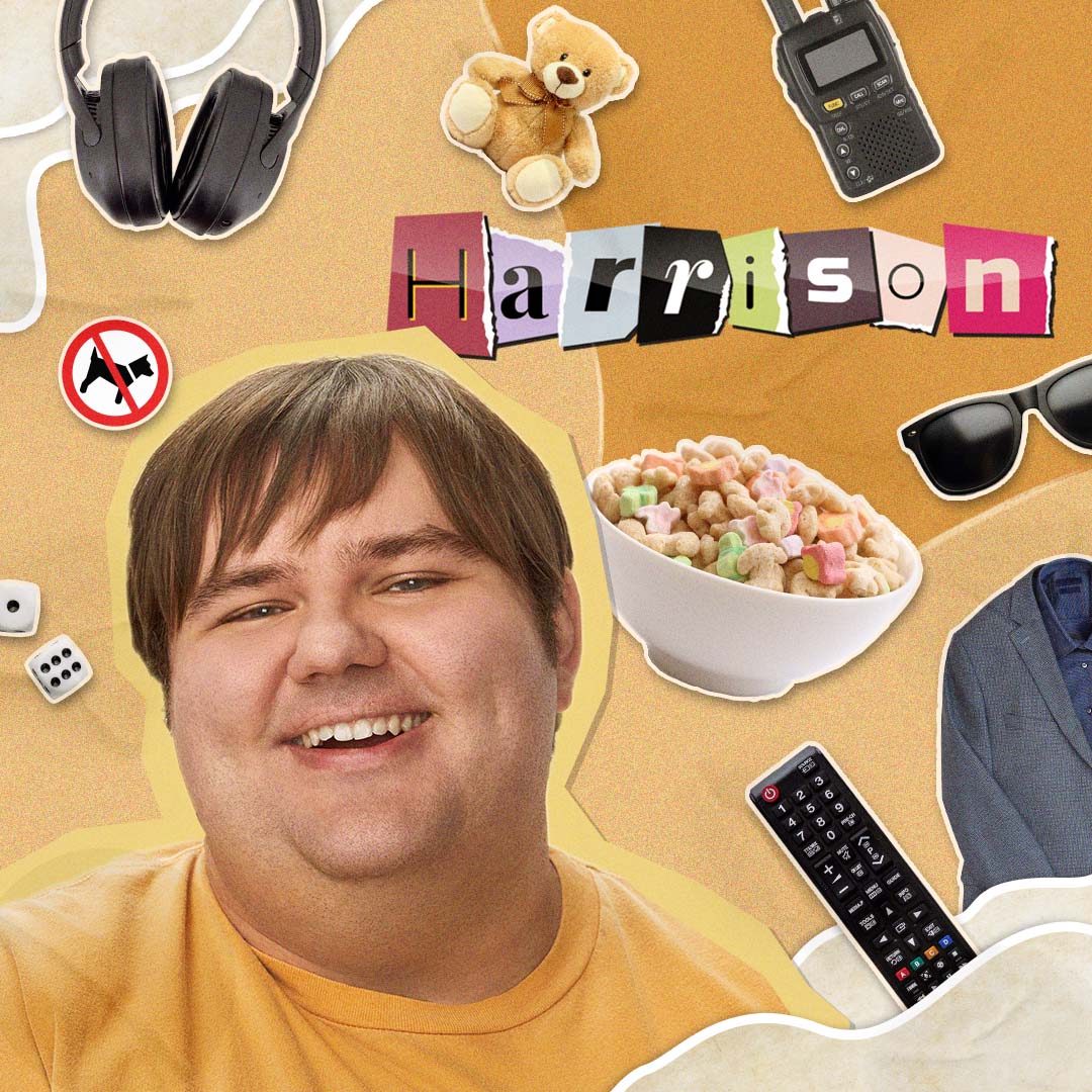 Close-up collage portrait of Harrison (Albert Rutecki) smiling against a warm beige background, surrounded by sticker-style objects: headphones, teddy bear, walkie-talkie, sunglasses, cereal bowl, remote, dice, and no-dog sign.