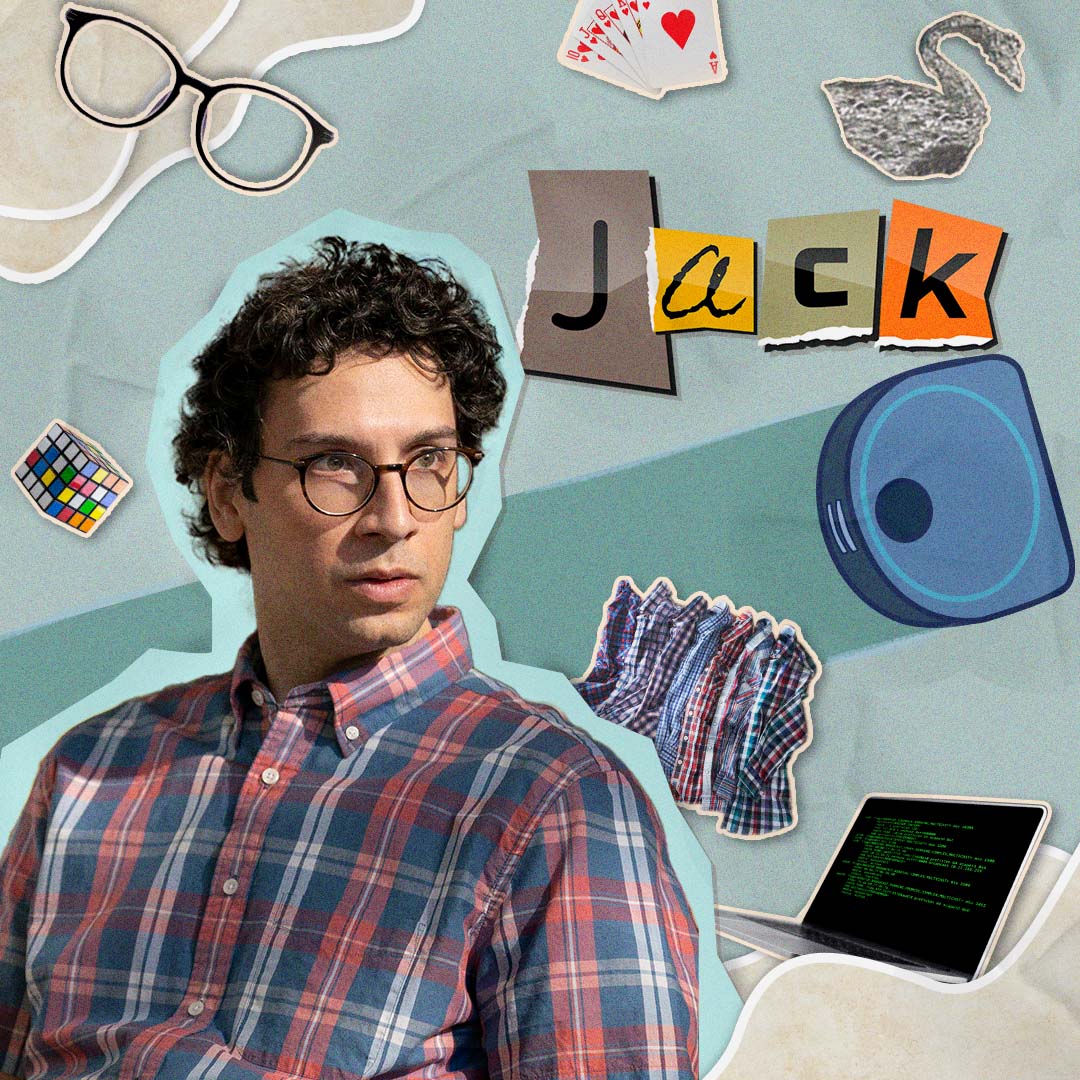 Jack in a teal-bordered cutout wearing a red-and-blue plaid shirt, looking right beside collage stickers including his name spelled "Jack," a laptop with code, stacked shirts, glasses, cards, and tape.