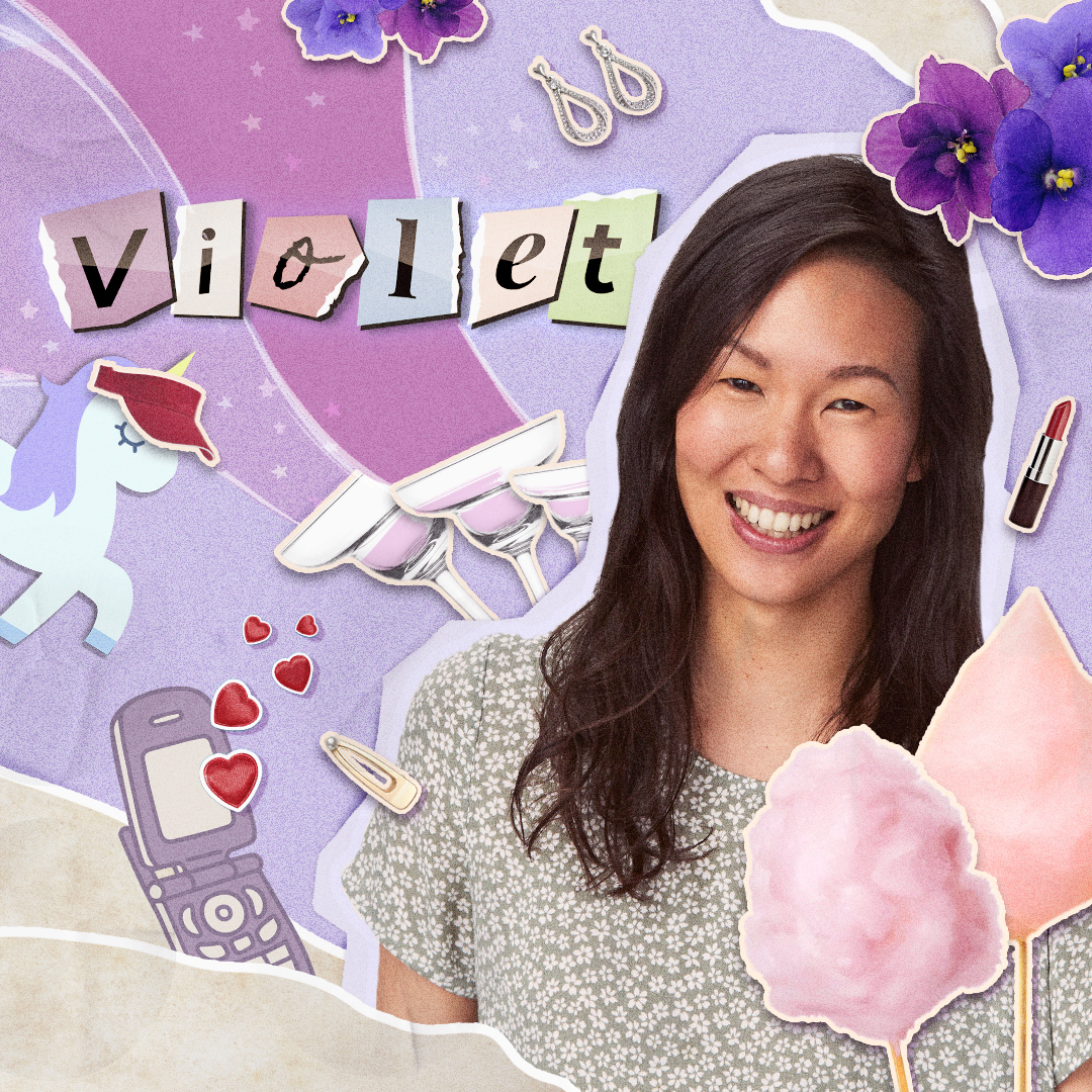 Warm collage portrait of Violet smiling against a lavender paper-textured background decorated with torn-paper letters spelling "Violet", cotton candy, a flip phone with hearts, violets, and lipstick stickers.