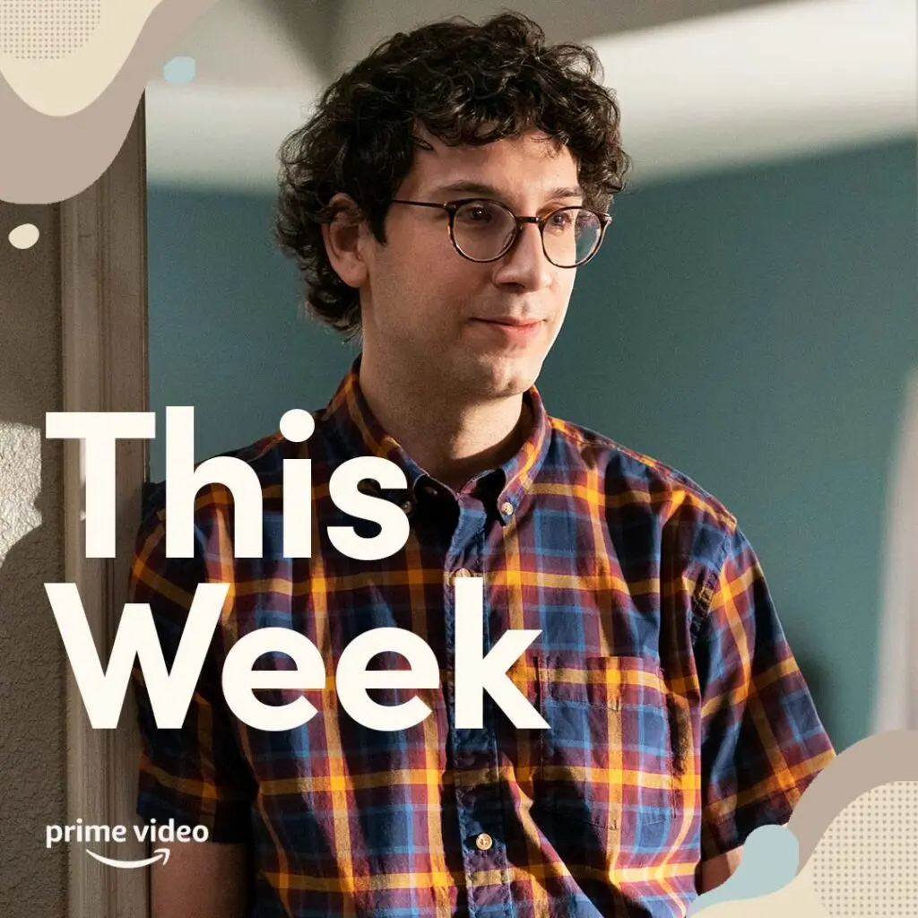 Jack stands in a doorway wearing round glasses and a blue-orange plaid shirt while large 'This Week' text overlays his torso and the Prime Video logo sits in the lower-left corner.