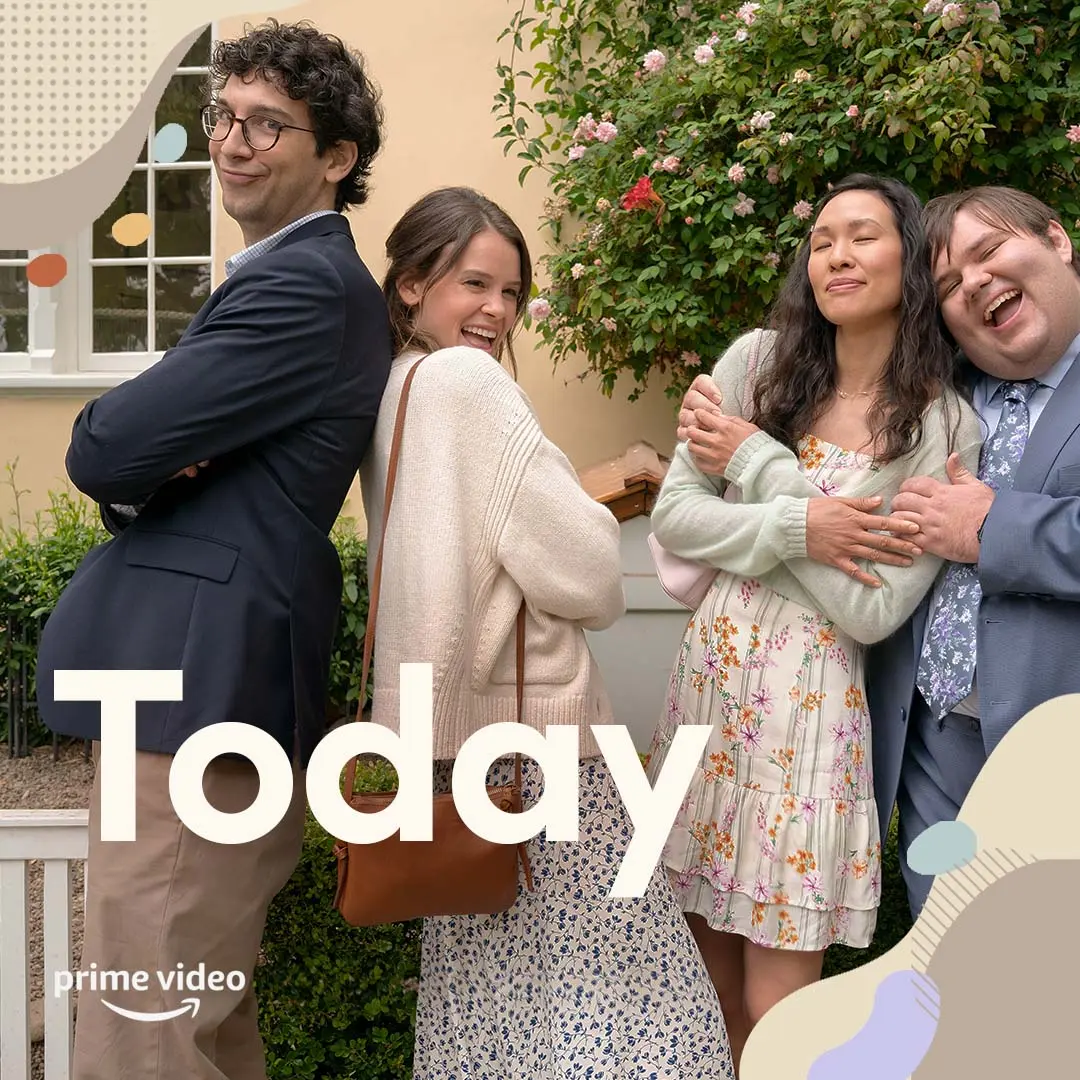 Four smiling cast members stand close together outdoors in front of a flowering hedge, two women in floral dresses and cardigans and two men in jackets, with bold "Today" text and Prime Video logo overlaid.
