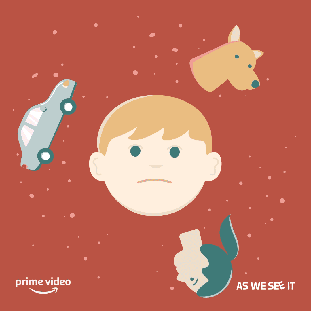 Illustrated neutral-faced young adult centered on a rust-red background with floating icons, including a car, dog head, and upside-down person holding a phone, plus Prime Video and As We See It logos.