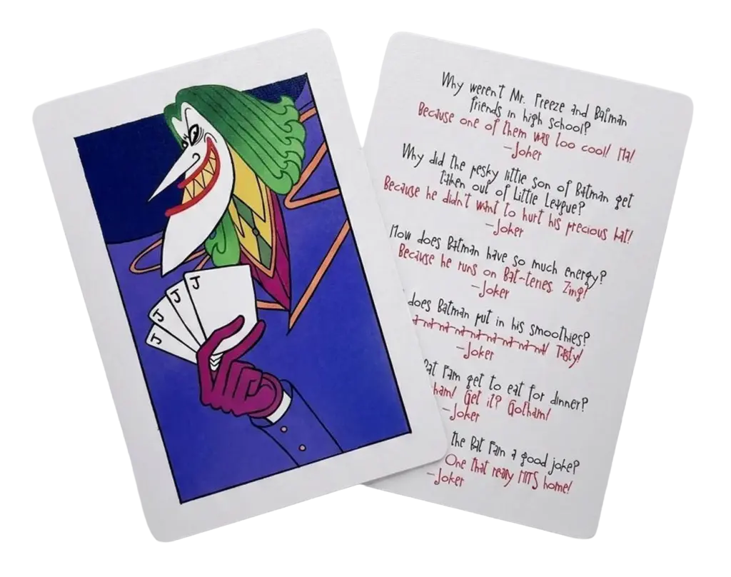 Two playing-card sized pieces on a white background: one shows a stylized green-haired villain holding four jacks against a blue field, the other lists handwritten pun jokes in red and black ink.