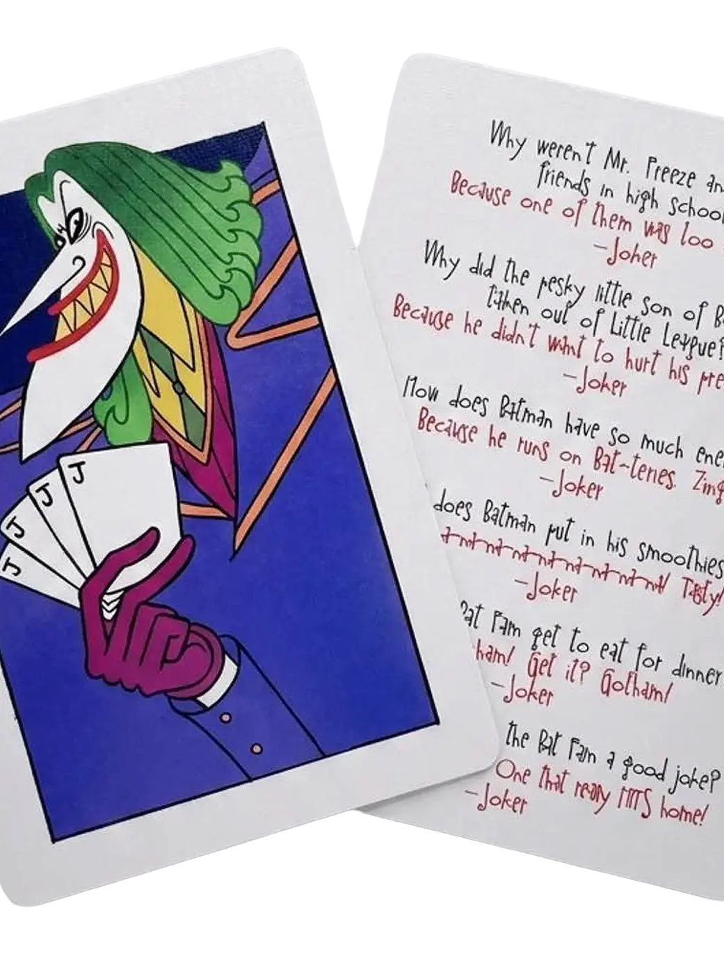 Two playing-card sized pieces on a white background: one shows a stylized green-haired villain holding four jacks against a blue field, the other lists handwritten pun jokes in red and black ink.