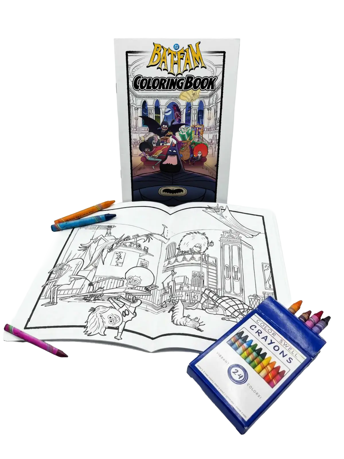 Bat‑Fam coloring book standing upright behind an open two‑page black-and-white family-room line drawing, with scattered crayons and a blue crayon box on a white background.