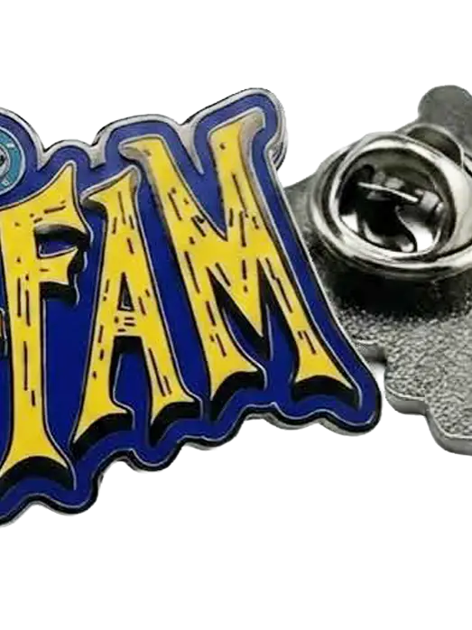 Yellow Bat‑Fam stylized logotype enamel pin with blue outline and small DC emblem at top, shown alongside its metal backing with two butterfly clutch pin closures.