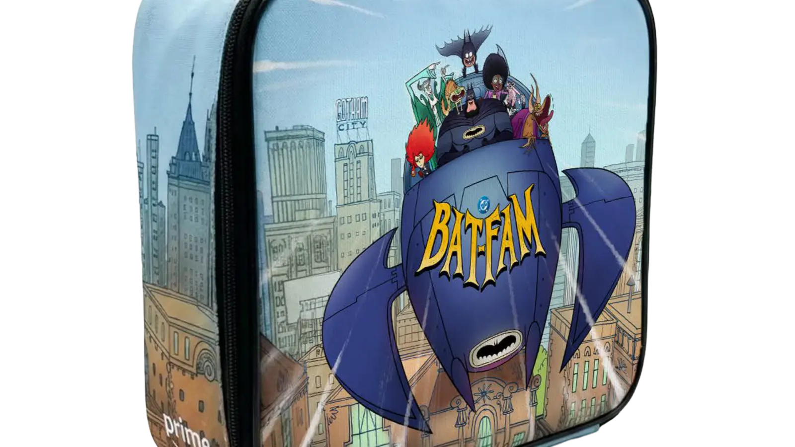 Glossy zippered lunch box showing the Bat‑Fam characters riding a stylized blue Batboat over a cartoon Gotham skyline, with a bold yellow Bat‑Fam logo on the boat's nose.