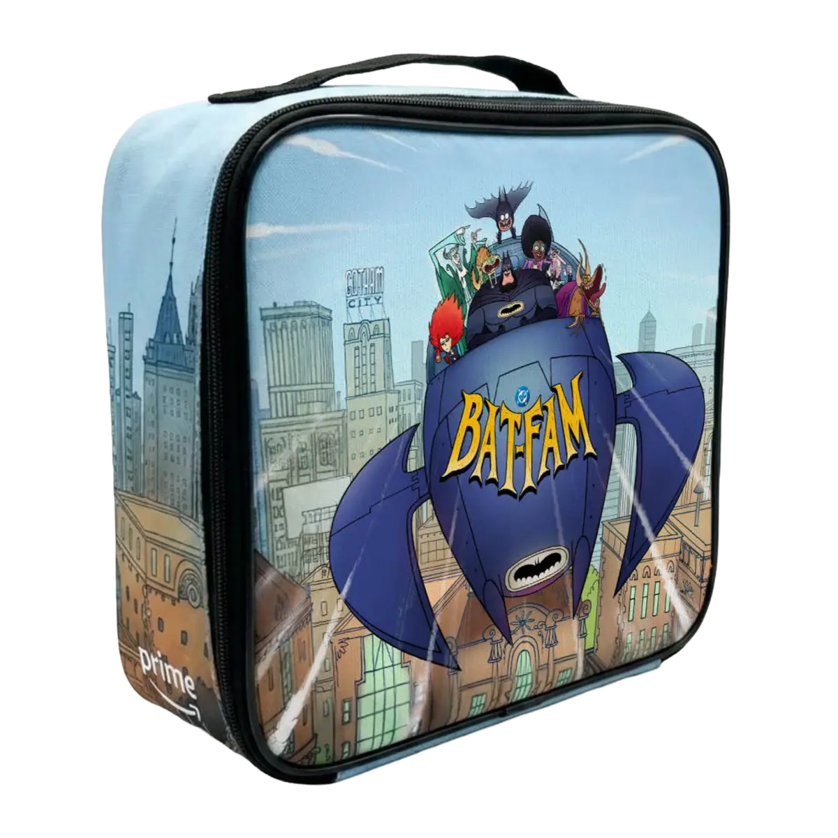 Glossy zippered lunch box showing the Bat‑Fam characters riding a stylized blue Batboat over a cartoon Gotham skyline, with a bold yellow Bat‑Fam logo on the boat's nose.