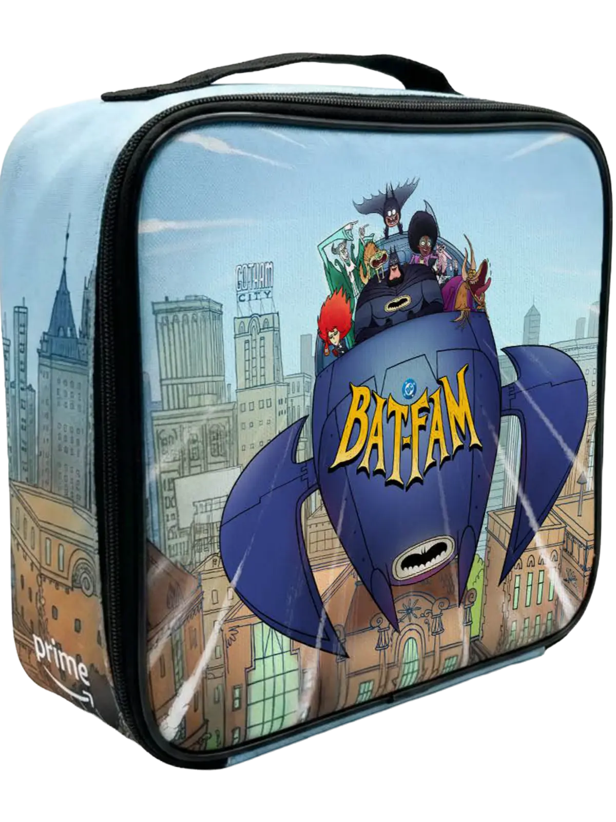 Glossy zippered lunch box showing the Bat‑Fam characters riding a stylized blue Batboat over a cartoon Gotham skyline, with a bold yellow Bat‑Fam logo on the boat's nose.