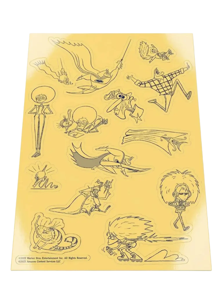 Yellow-backed sticker sheet showing black line drawings of Bat‑Fam characters and props—flying cape figure, small caped figure on roller skates, cat, and several playful poses—with small copyright text at the bottom.