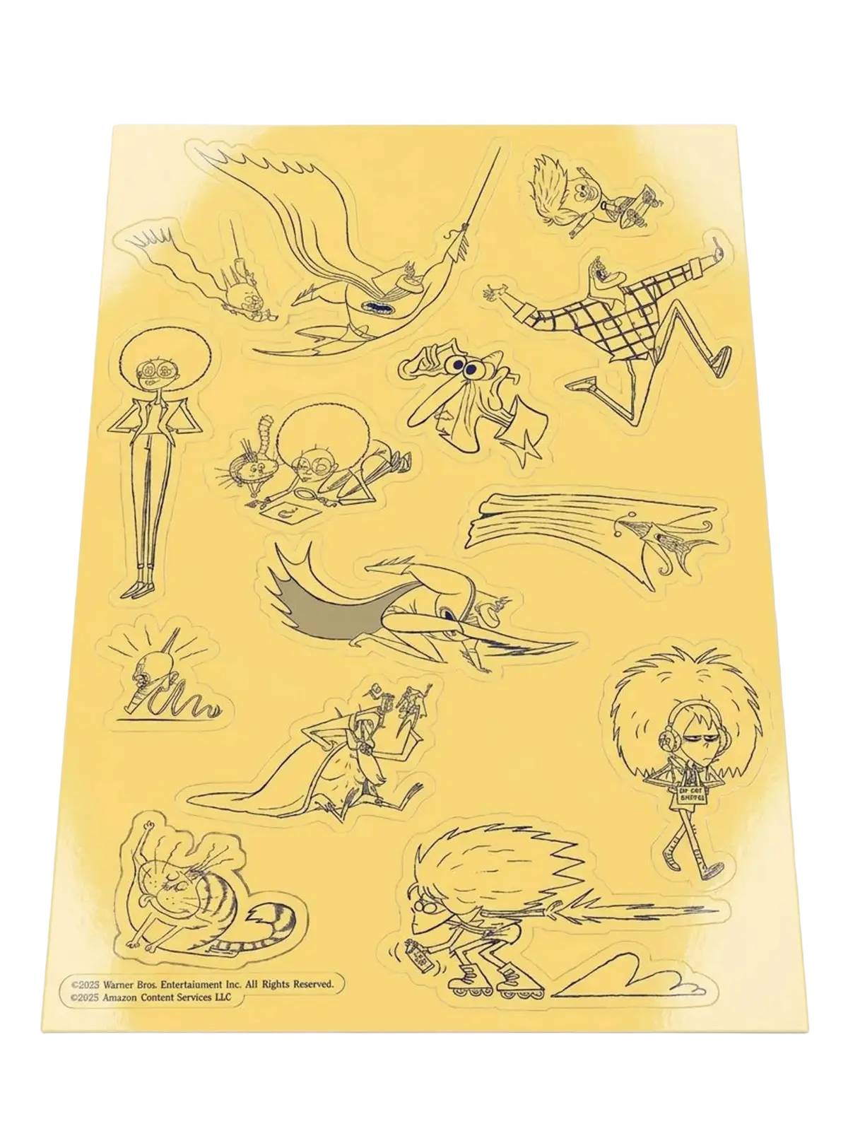 Yellow-backed sticker sheet showing black line drawings of Bat‑Fam characters and props—flying cape figure, small caped figure on roller skates, cat, and several playful poses—with small copyright text at the bottom.