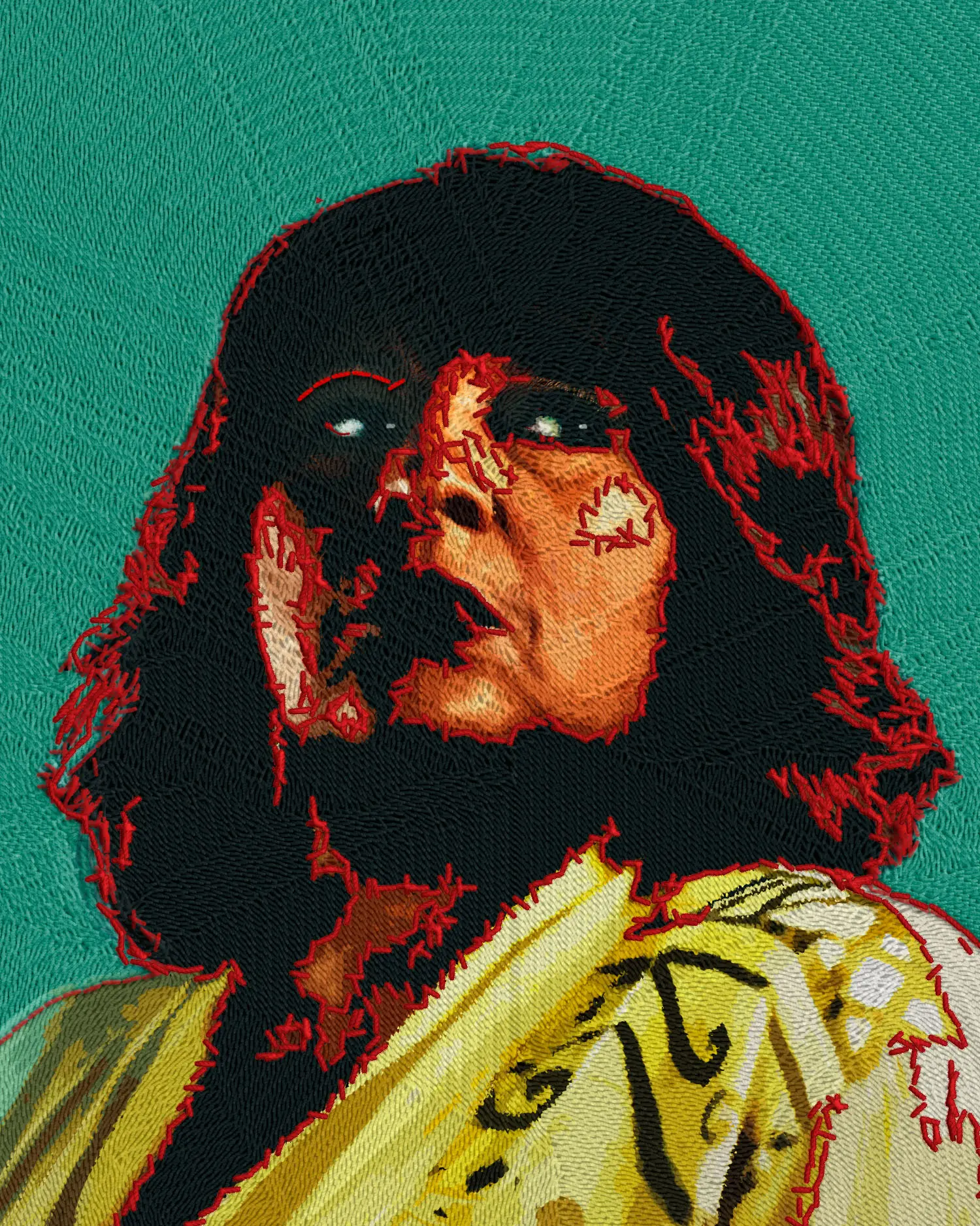 Pam Grier as Athena rendered in dense stitched yarn with exposed red thread outlining facial scars and hair, set against a teal embroidered background.