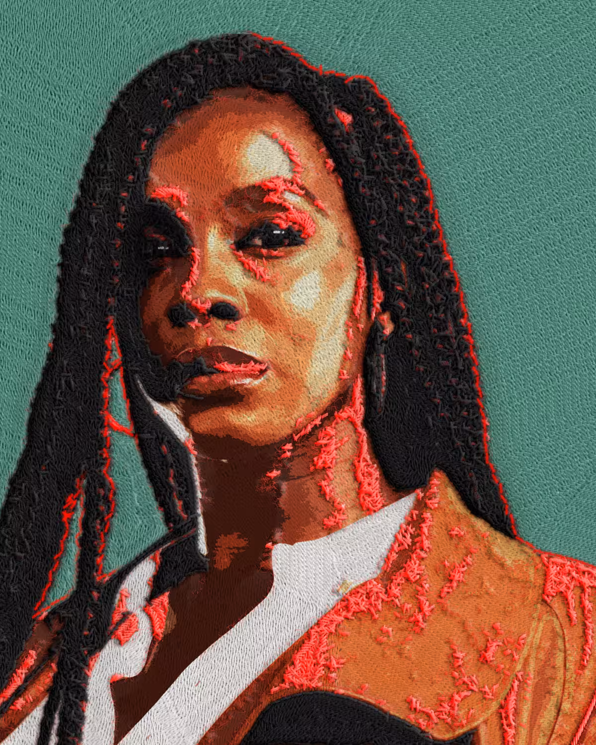 Portrait of Deborah Ayorinde as Dawn rendered with stitched yarn textures, black braided hair and red embroidered highlights against a teal background.
