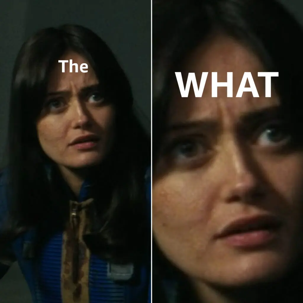 Split-panel reaction meme featuring a concerned woman in a blue jumpsuit, with the words “The” and “WHAT” layered across each panel.